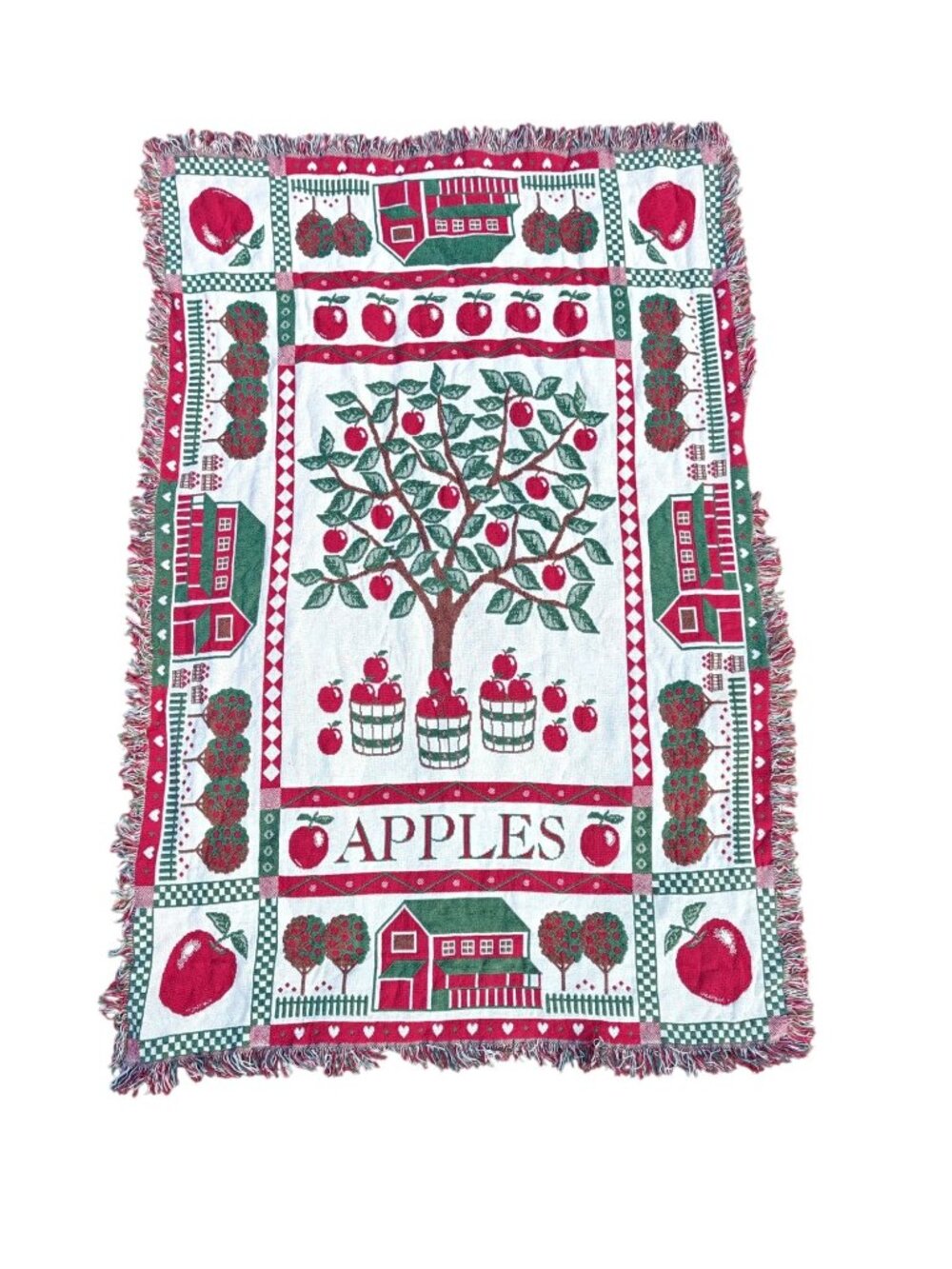Vintage Woven Cotton Fringe Throw Blanket Apple Orchard Farmhouse Red/Green